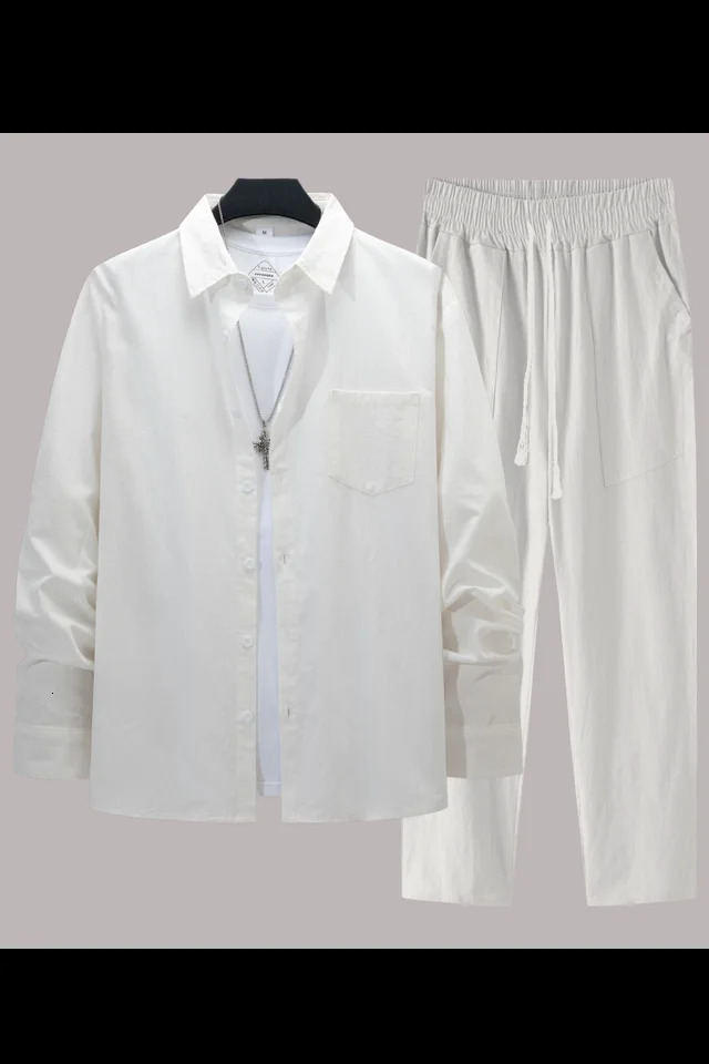 Mens cotton linen long sleeved shirt casual long sleeved pants two sets 241024