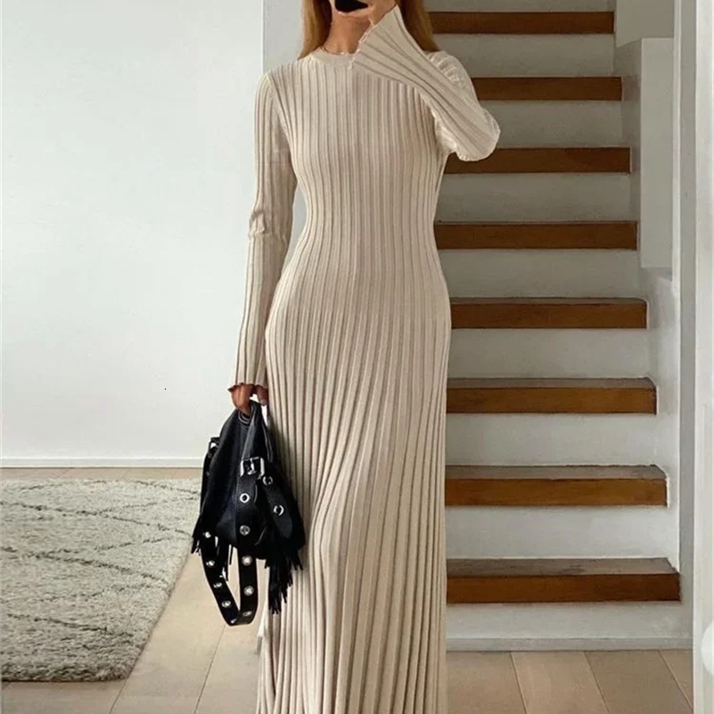 Tossy LaceUp Female Knit Maxi Dress Autumn High Waist Fashion Patchwork Long Sleeve Loose Solid Bandage Knitwear 241007
