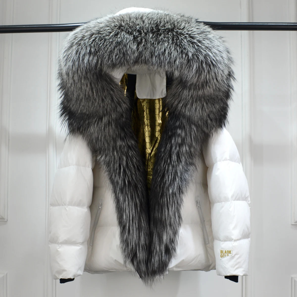 Janveny large natural silver fox fur collar hooded fashion park short inflatable jacket womens 90% white duck down jacket 241023