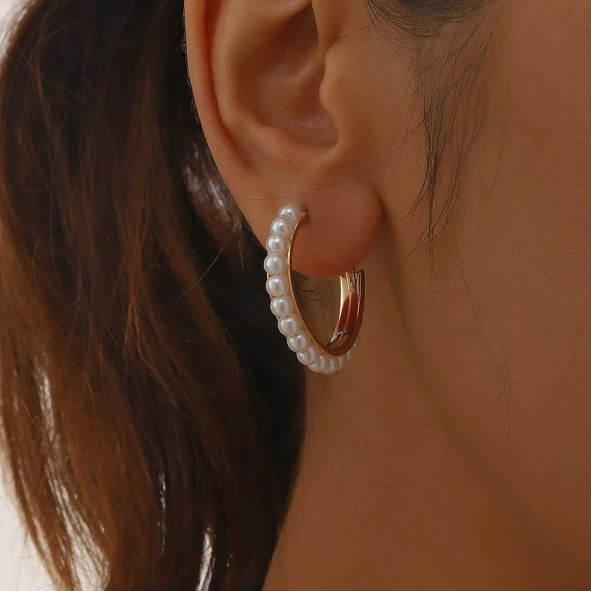 Exaggerated Imitation Pearl Ring Earrings Female Hip Hop Punk Metal Creative Geometric Ring Jewelry Accompany Girl Gifts W241023