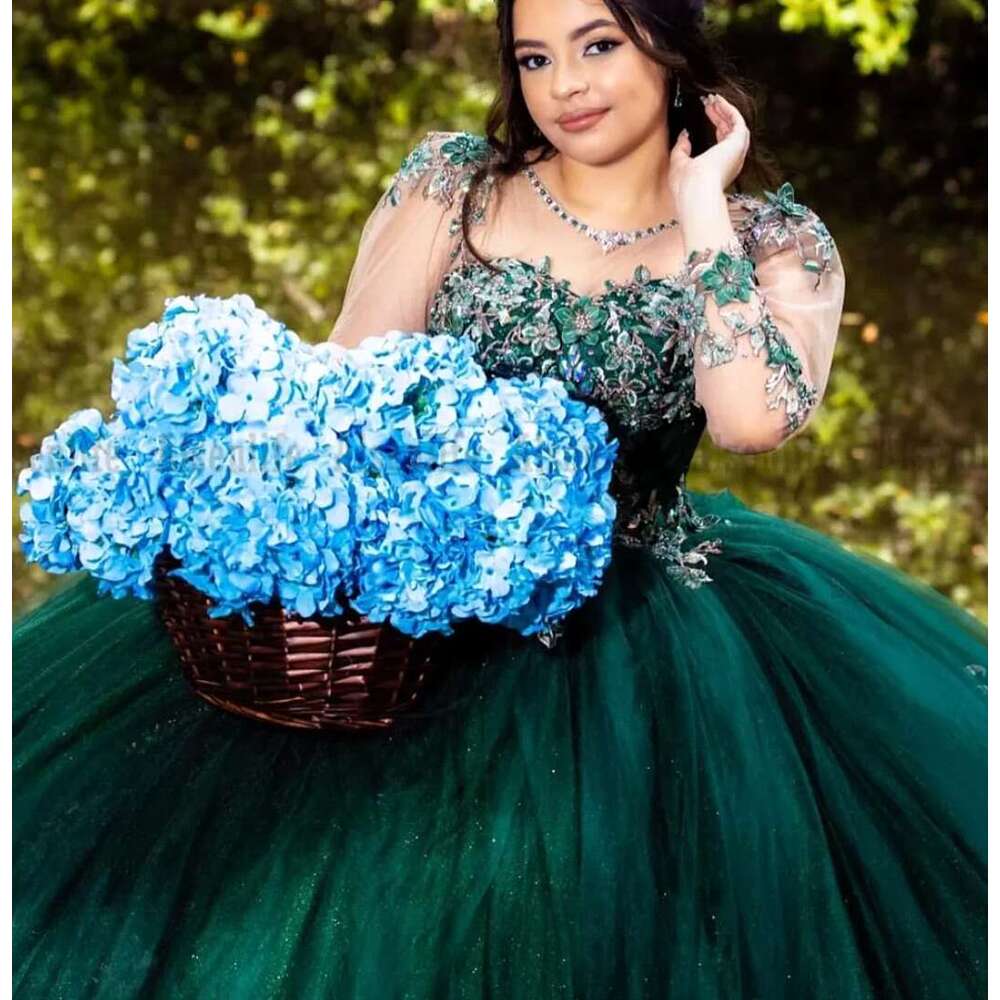 Emerald Green Quinceanera Dress Long Sleeve Crystal 3D ral Appliques Lace Princess Sweet 16 Ball Gown Vestidos De 15 BC19676
