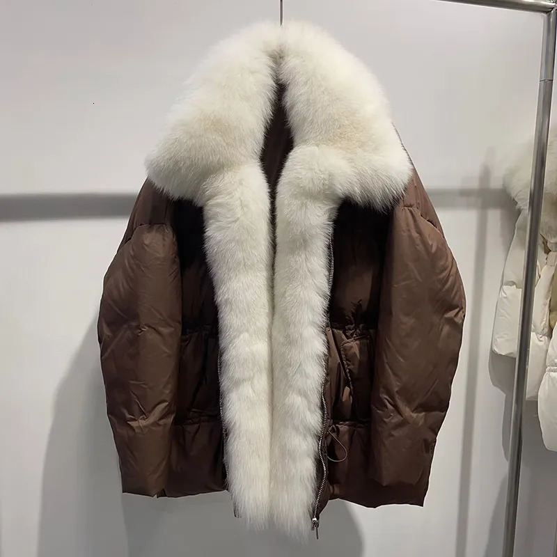 Winter fashion down jacket silver fox fur collar fluffy coat womens warm jacket goose down 241023