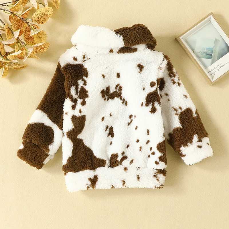 FOCUSNORM 0-3Y Warm Wool Coat for Preschool Girls in Winter Long Sleeve Collar Cow Print Zipper Coat W241023