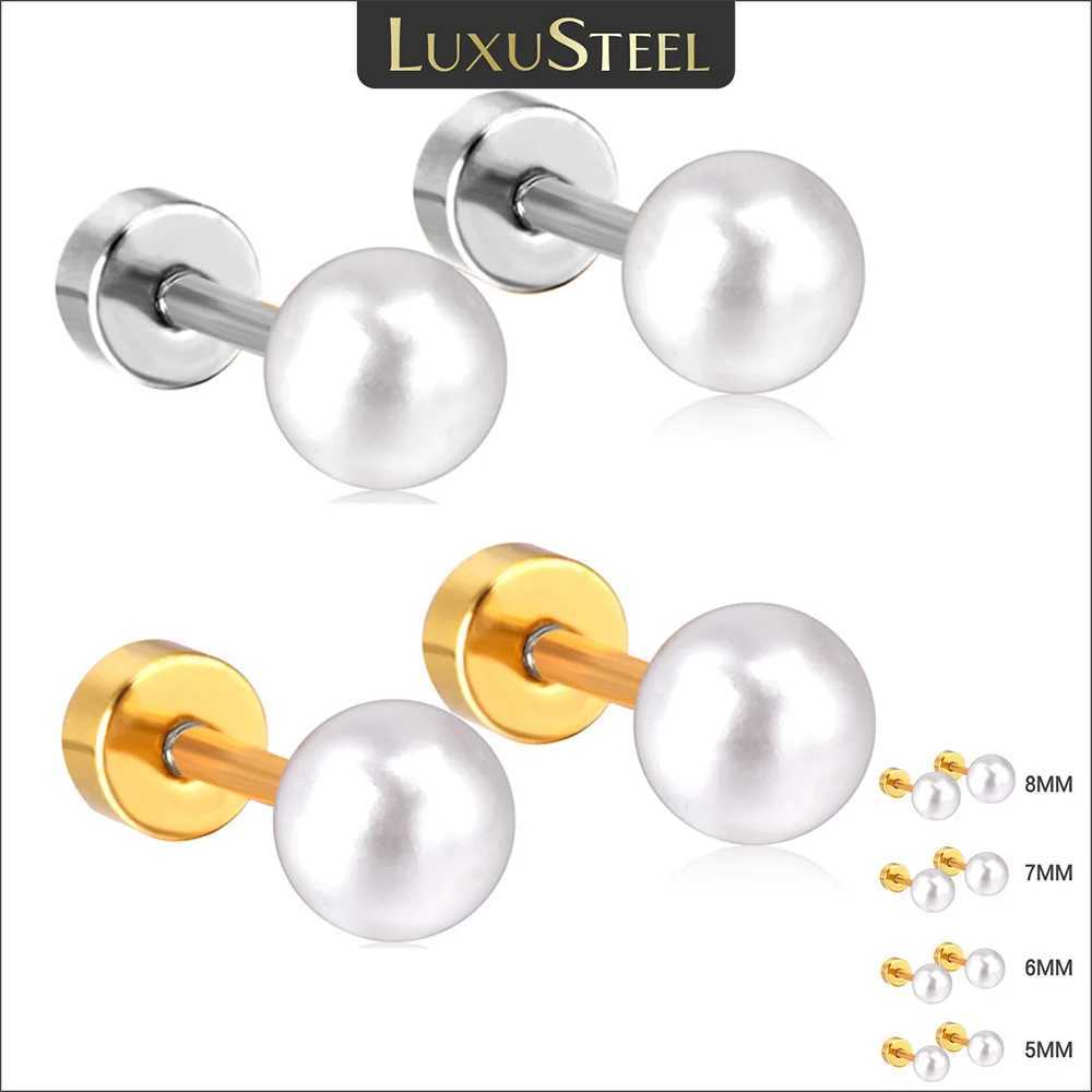 LUXUSTEEL 2PCS 5/6/7/8mm stainless steel round pearl earrings suitable for women men and wholesale of high-quality screw back perforated studs W241023