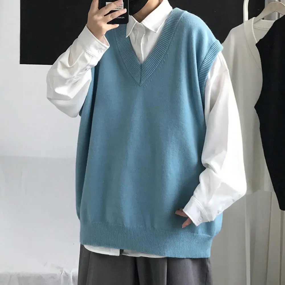 Men Sweater Vest V Neck Solid Color Sleeveless All Match Spring Sweater for School Male Pullovers Mens Clothing Streetwear LX241024