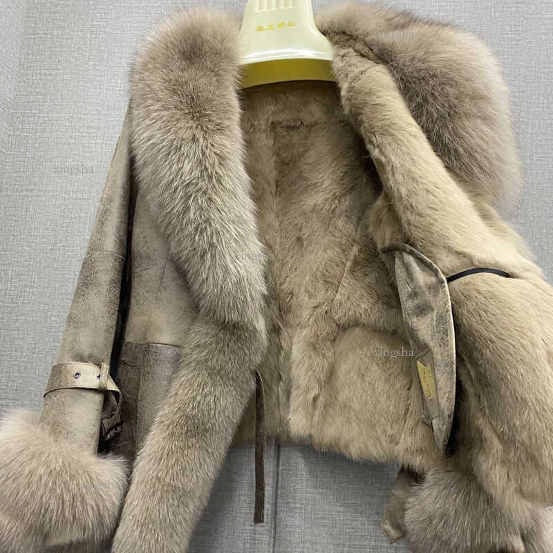 Winter Real Coat Genuine Rabbit Skin Leather And Jackets With Natural Fur Collar Ladies Outwear Oversize 211018