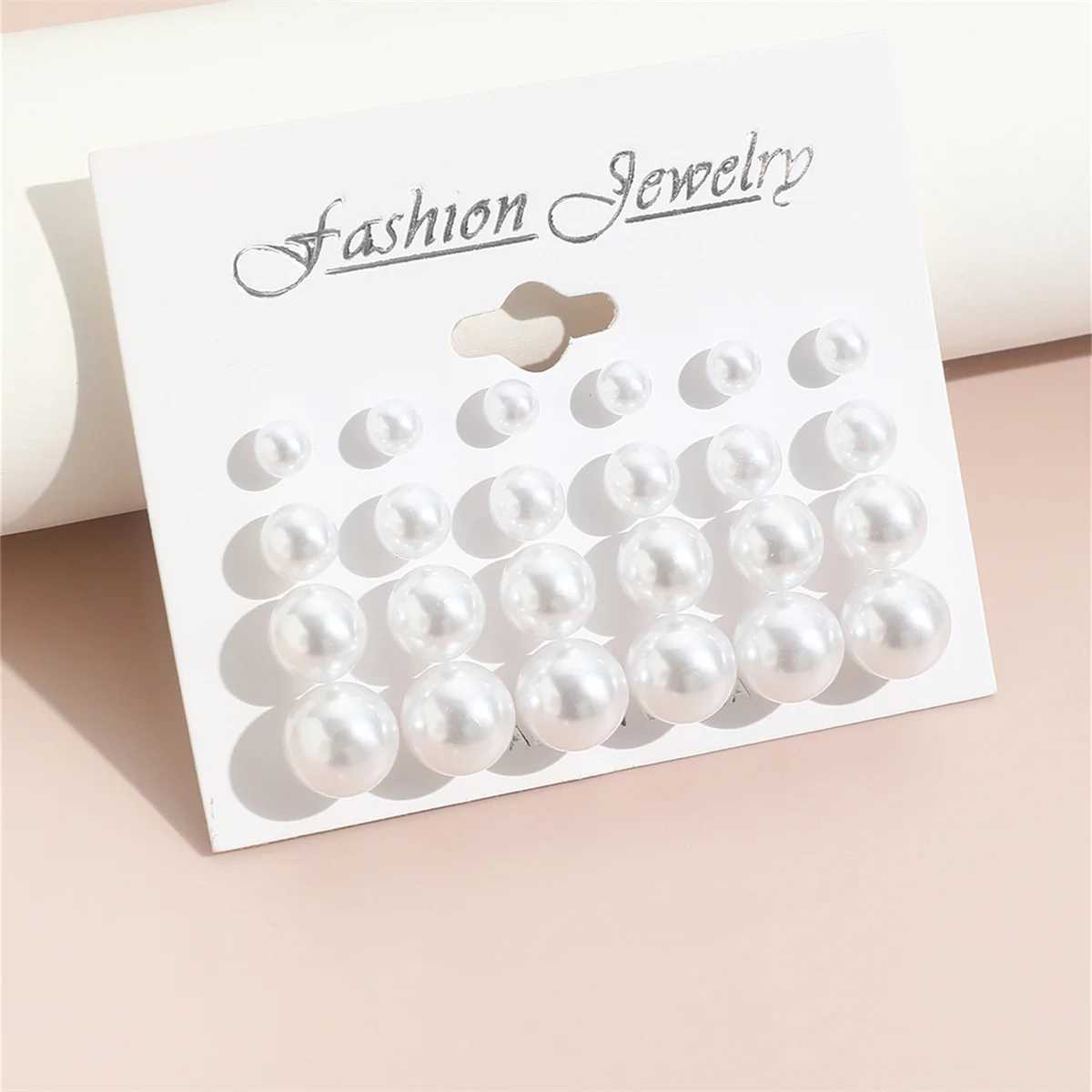 12 pairs/set of white simulated pearl stud earrings set suitable for womens jewelry decoration perforated ball earring set Bijouteria Brinco W241023