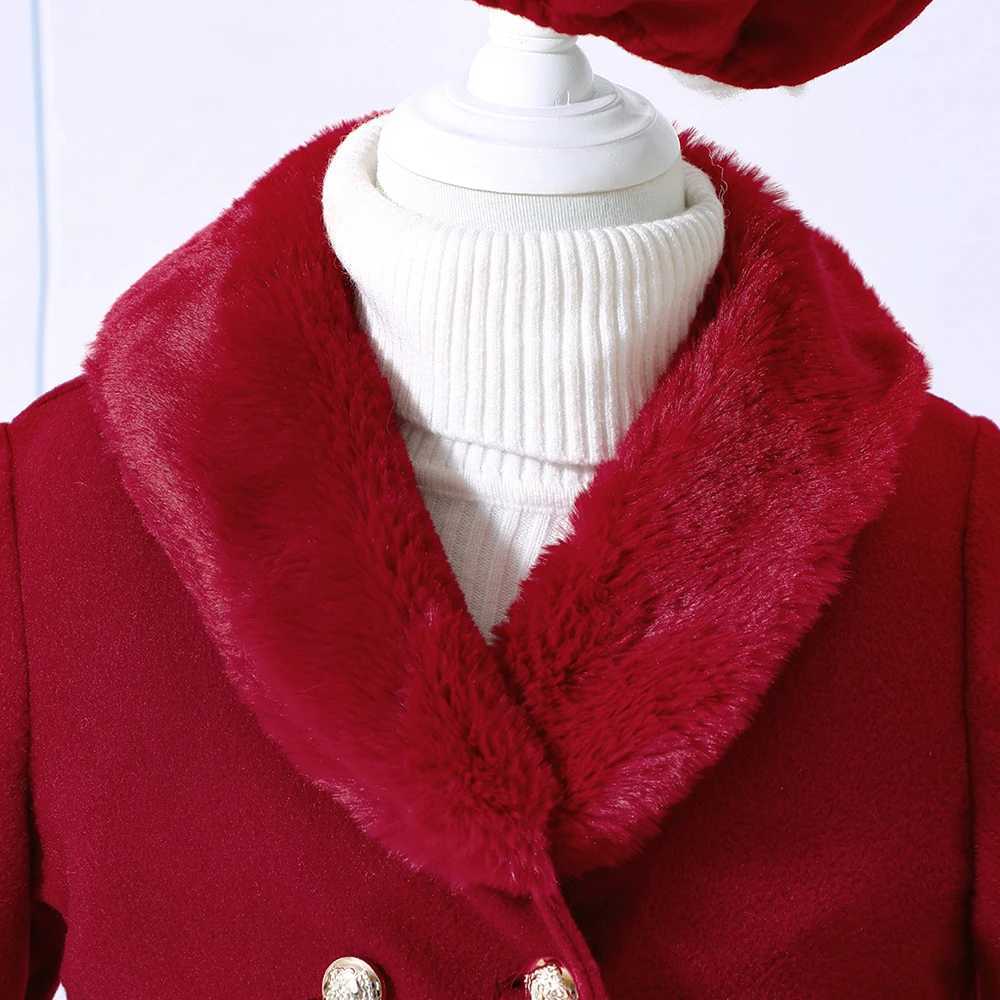 Girls autumn and winter new patch work fur collar solid color fur coat+beret W241023