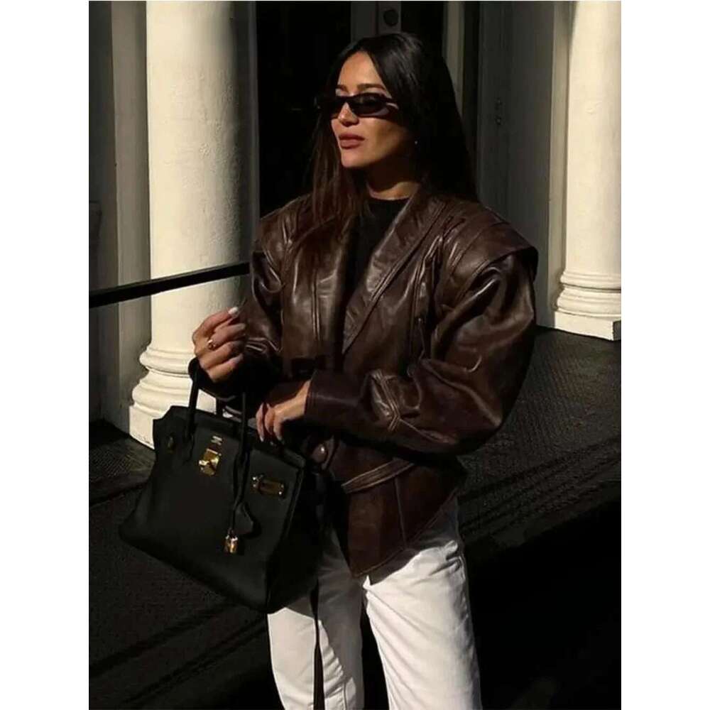 Pu Motorcycle Coat Women Fashion Spring Autumn Faux Leather Jacket Vintage V Neck Female High Street Casual Ladies Outwear