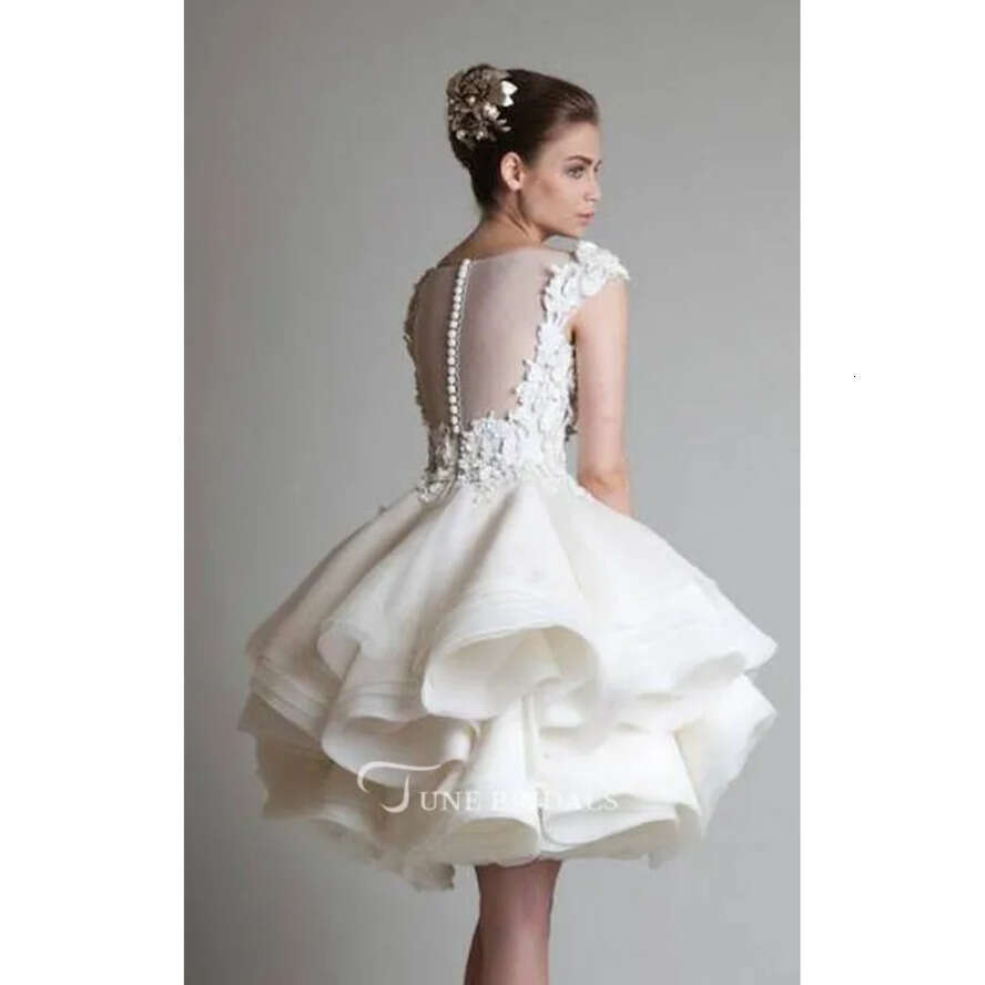 Krikor Jabotian Short Wedding Dresses Lace 3D Ral Appliques Tiered Tulle Ruffle A E Ball Gown Empire Country Bridal Gowns Plus Size