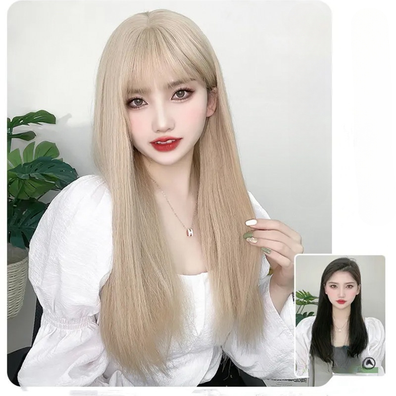 Wigs for women long straight hair New Platinum Long Hair Air Bangs Natural wig