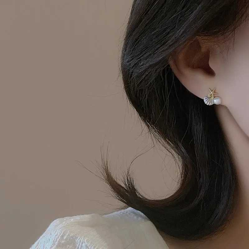 White Pink Shell Starfish Stud Earrings for Women Cute Asymmetric Imitation Pearl Rhinestones Beads Charms Small Ear JewelryX241023