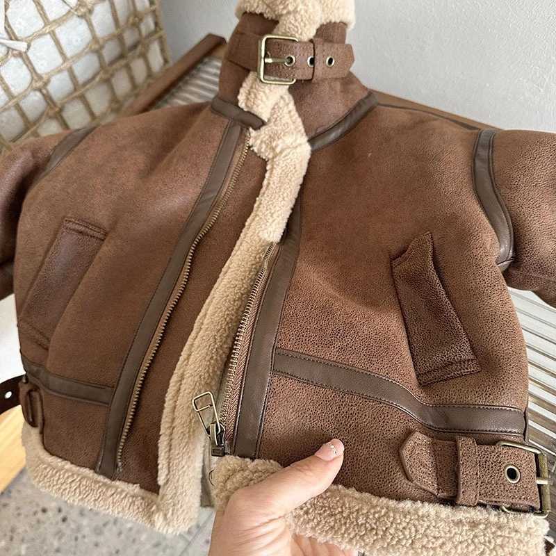 Childrens wool jacket 2023 winter new baby boys and girls sliding suede fur one-piece jacket fashionable high neck cotton dress W241023