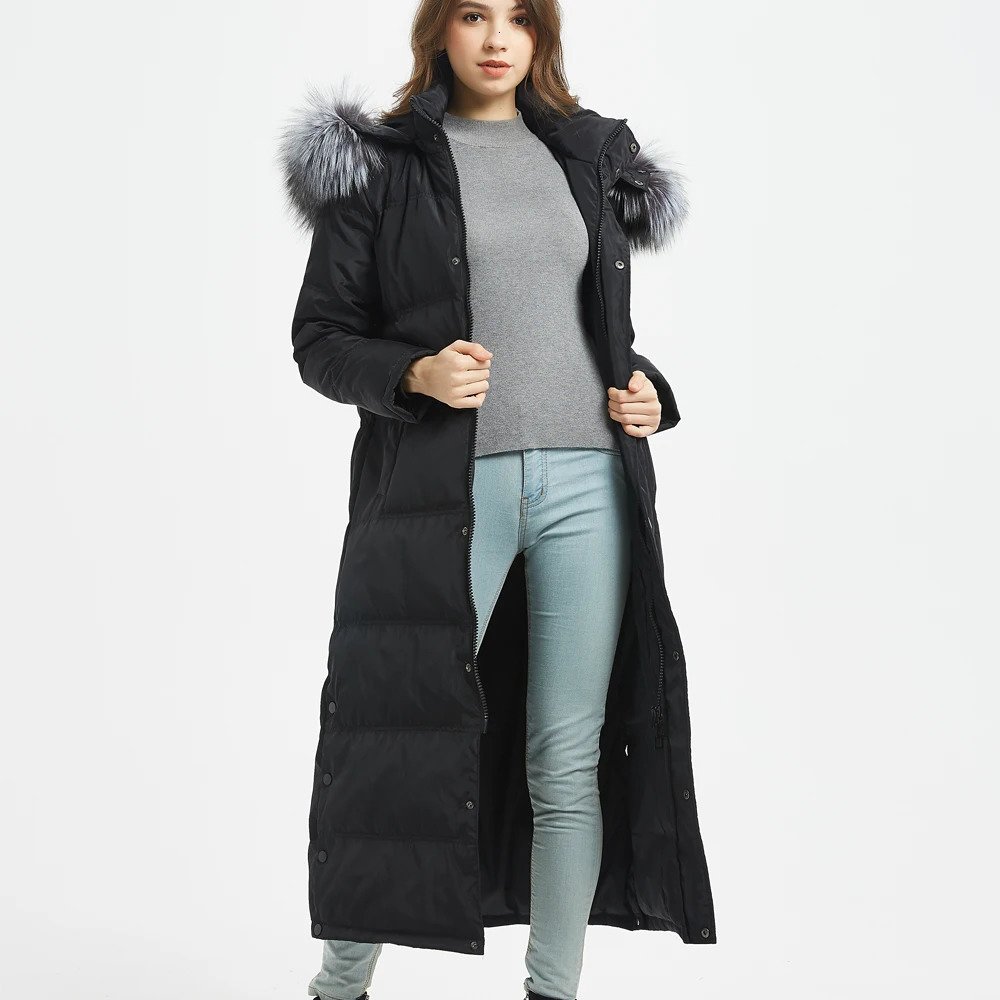 womens jacket winter jacket leather natural fox big fur collar white duck thick coat extra long coat park parkour 241023
