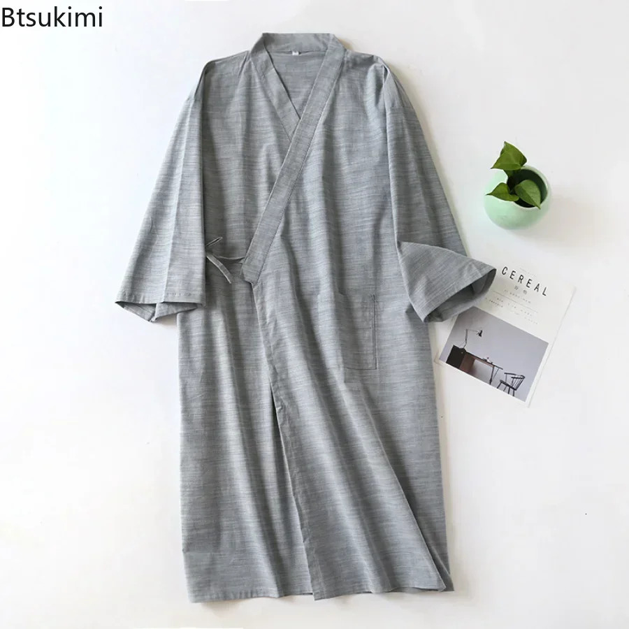 Mens Casual Cotton Thread Sleepwear Solid Soft Sleepwear Mens Bathrobe Japanese Kimono Cotton Night Light Home Mens Wear 241023