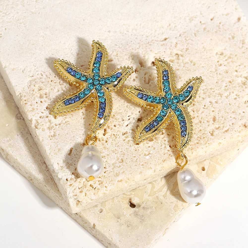 Bohemian Starfish Earrings Pearl Blue Rhinestone Pendant Earrings Suitable for Women Starfish Jewelry Summer Holiday Beach Gifts W241023
