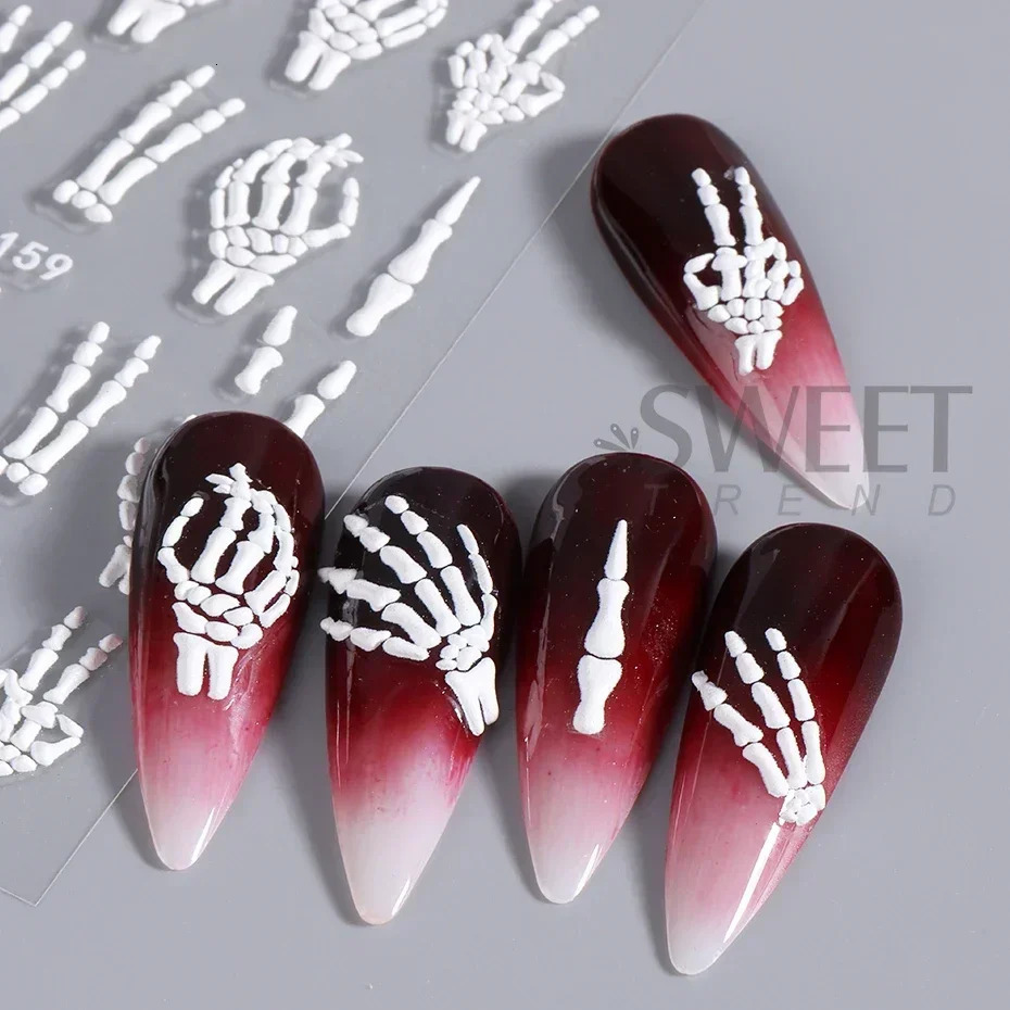 5D relief skeleton hand Halloween nail art sticker devils eye slider sticker DIY handmade decoration pointed nail accessory tool 241024
