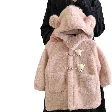 Autumn winter children wool coats solid bear ear prints baby jackets wool synthetic fur warm little girls long coat gloves W241023