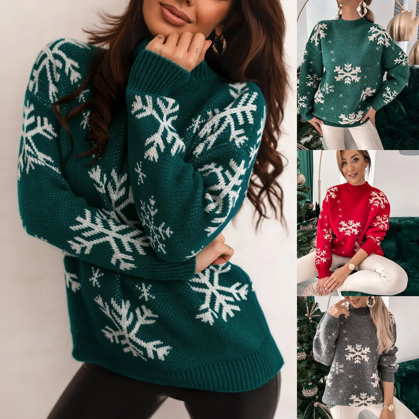 Christmas sweater womens snowflake print warm thick skydiving casual loose knitted long sleeved womens zipper top 241024