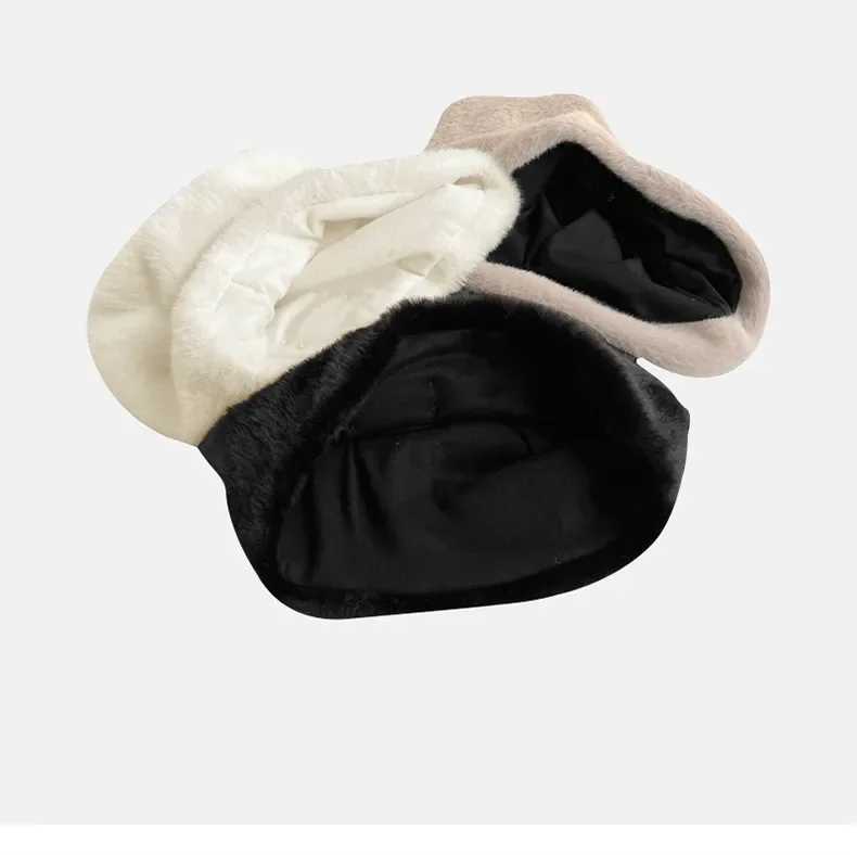 White plush beanie Winter warm solid bag wool Sklies hat outdoor cold resistant thick hat Fem Gorros X241023
