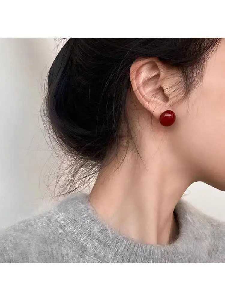 South Korea Autumn And Winter Wine Red Round Stud Earrings For Women Fashion Cute Sweet Geometry Jewelry GiftsX241023