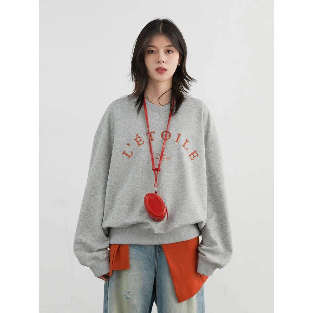CHIC VEN Women Sweatshirts Loose Grey Coat Letter Embroidered O Neck Pullover Female Top Autumn Winter Clothes 2024
