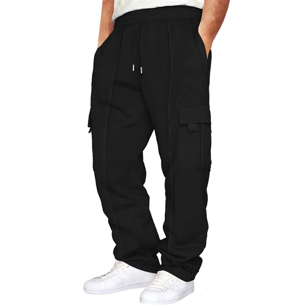Mens multi pocket work pants for autumn casual running and jogging outdoor commuting velvet leg sports pants mens clothing 241023