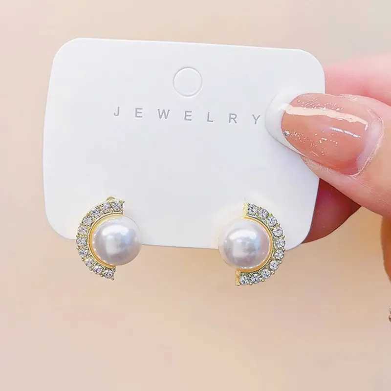 Trendy Imiation Pearl Stud Earrings for Women Rhinestones Semicircle Geometry Charms Small Earrings Party Elegant Jewelry GiftX241023