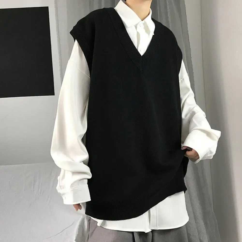 Men Sweater Vest V Neck Solid Color Sleeveless All Match Spring Sweater for School Male Pullovers Mens Clothing Streetwear LX241024