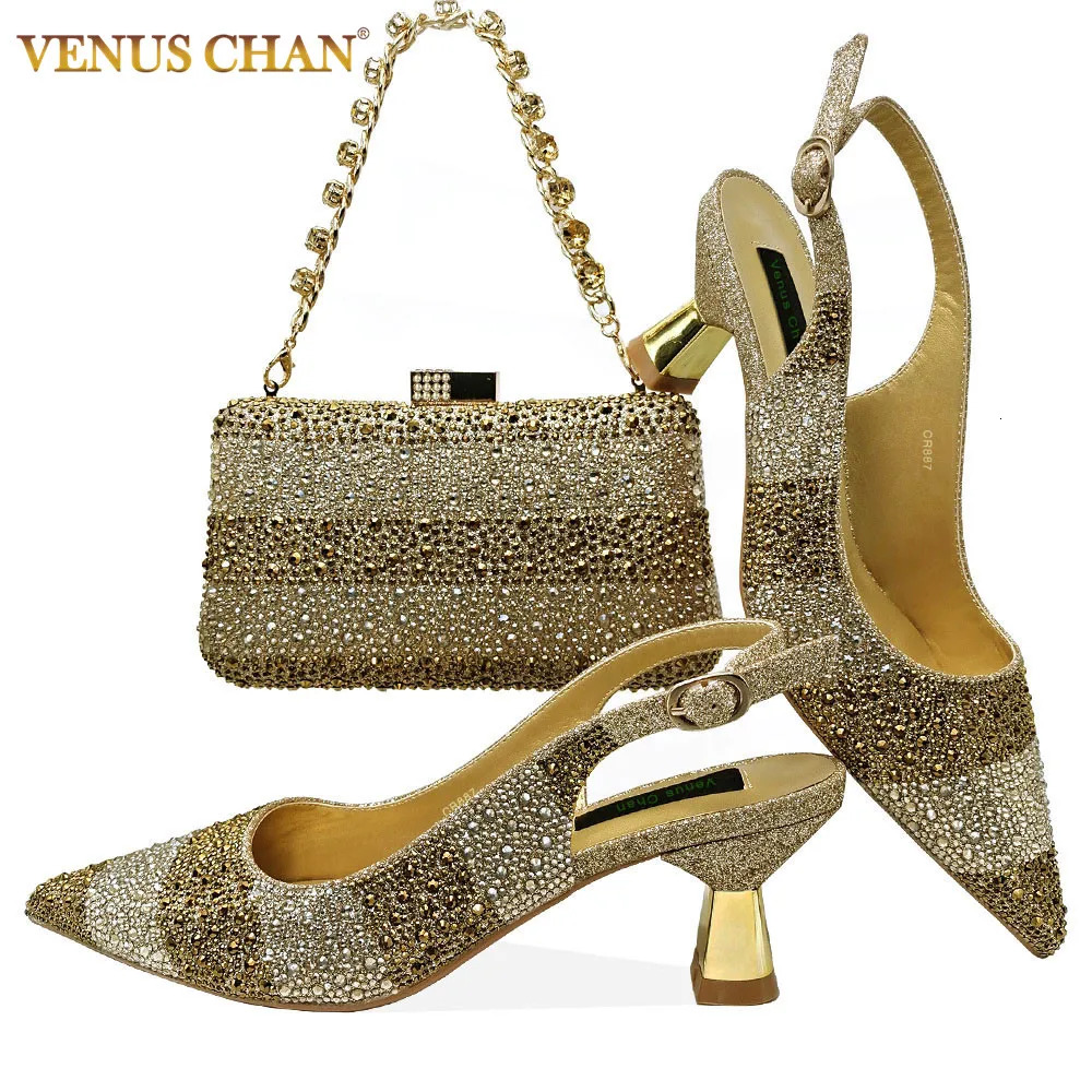 Venus Chan 2024 Hot Selg INS Pointed-Toe Style High Heels Sandal With Bag Set In Gold Color For Wedding Party Women