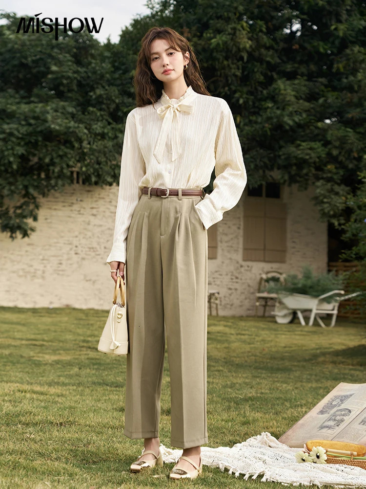 Mishhow French Tea Break Womens Casual Pants Spring High Waist Loose Pants Zipper Flying Pocket Solid Trouser MXD12K0599 241023