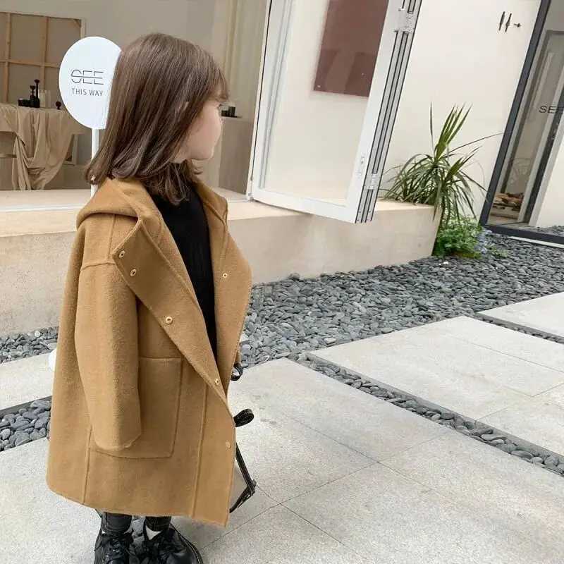 Childrens wool coat autumn and winter new item womens hooded sweater solid color baby medium length wool coat W241023