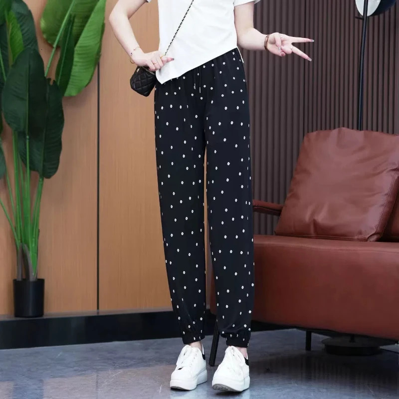 Korean womens summer patchwork elastic high waisted pocket printed letters fashionable loose fully matched casual harem pants 241023