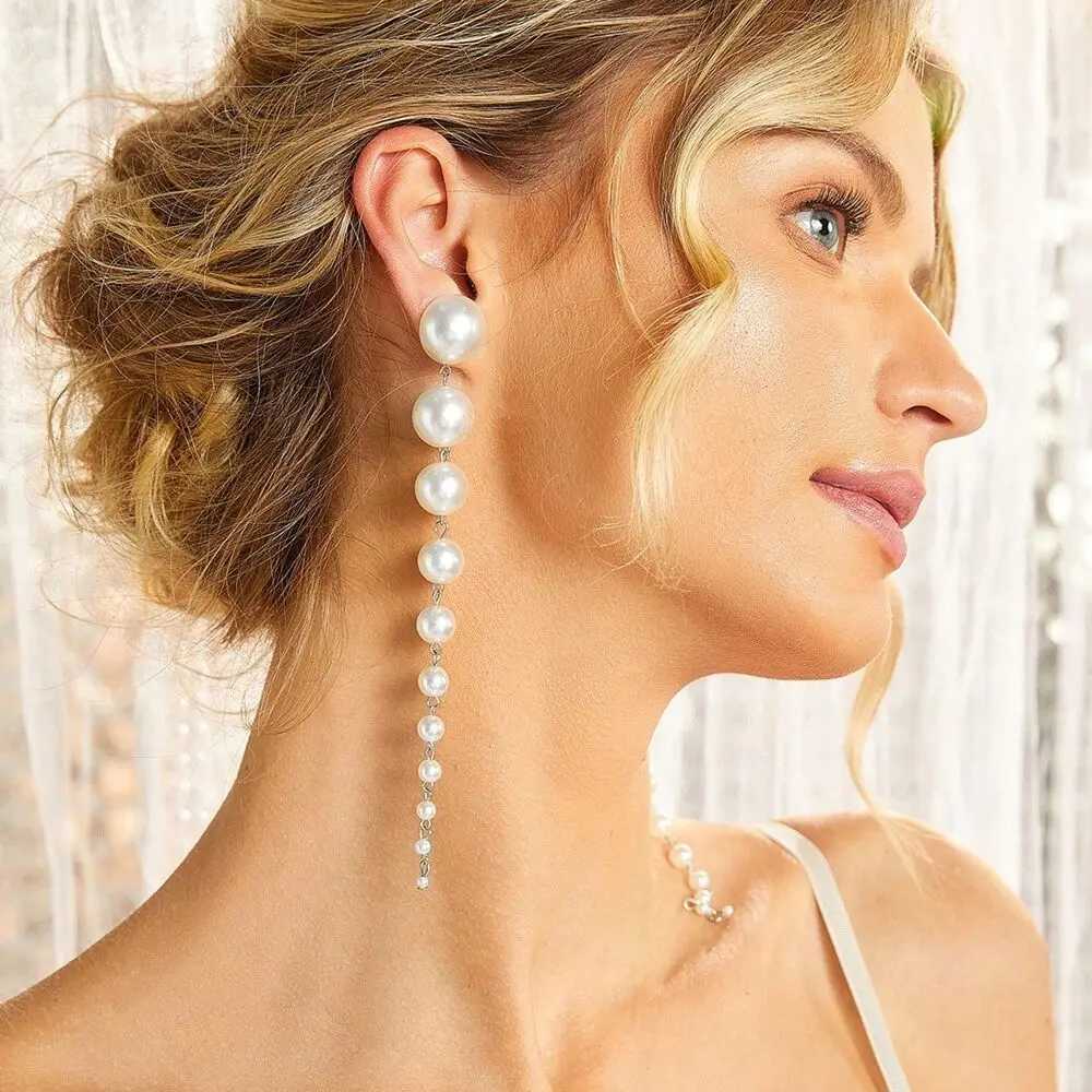 Womens long pendant earrings 2024 trend elegant imitation pearl tassel earrings wedding party jewelry decoration W241023