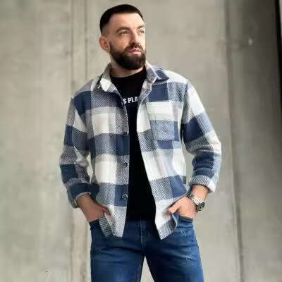 2024 men's flannel thick casual fashion versatile plaid shirt jacket men's warm shirt
