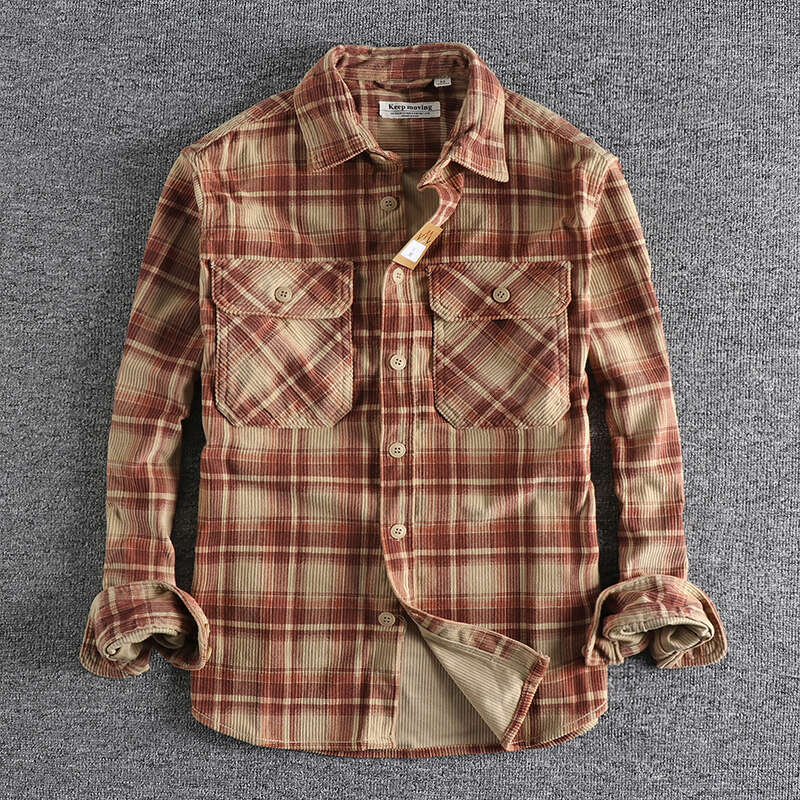 Plaid Woven Corduroy Men Shirts 100% Cotton Spring Autumn Heavy Washed Workwear Blouses Retro Ameki Western Style Casual Tops
