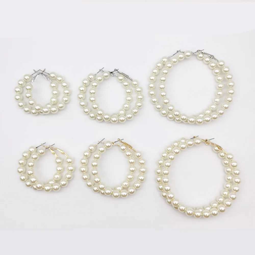 Womens elegant white pearl round ring earrings oversized pearl geometric earrings fashionable jewelry W241023