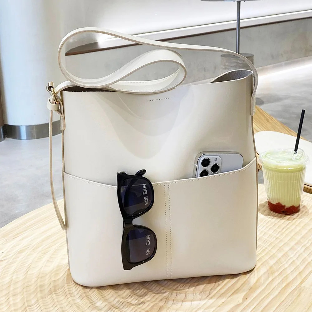 Women Leather Bucket Bag Multi Pocket Shoulder Tote Versatile Satchel Hobo Messenger Outdoor Travel 241021