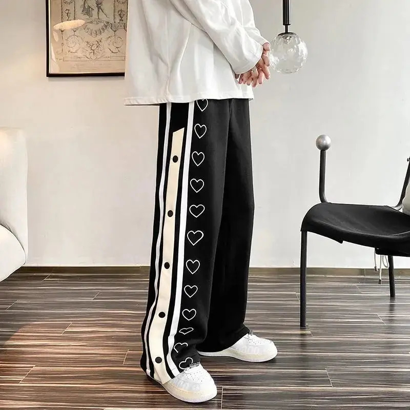 Harajuku wide leg sports pants oversized mens streetwear side button pocket pants casual sports split basketball womens track pants 241024