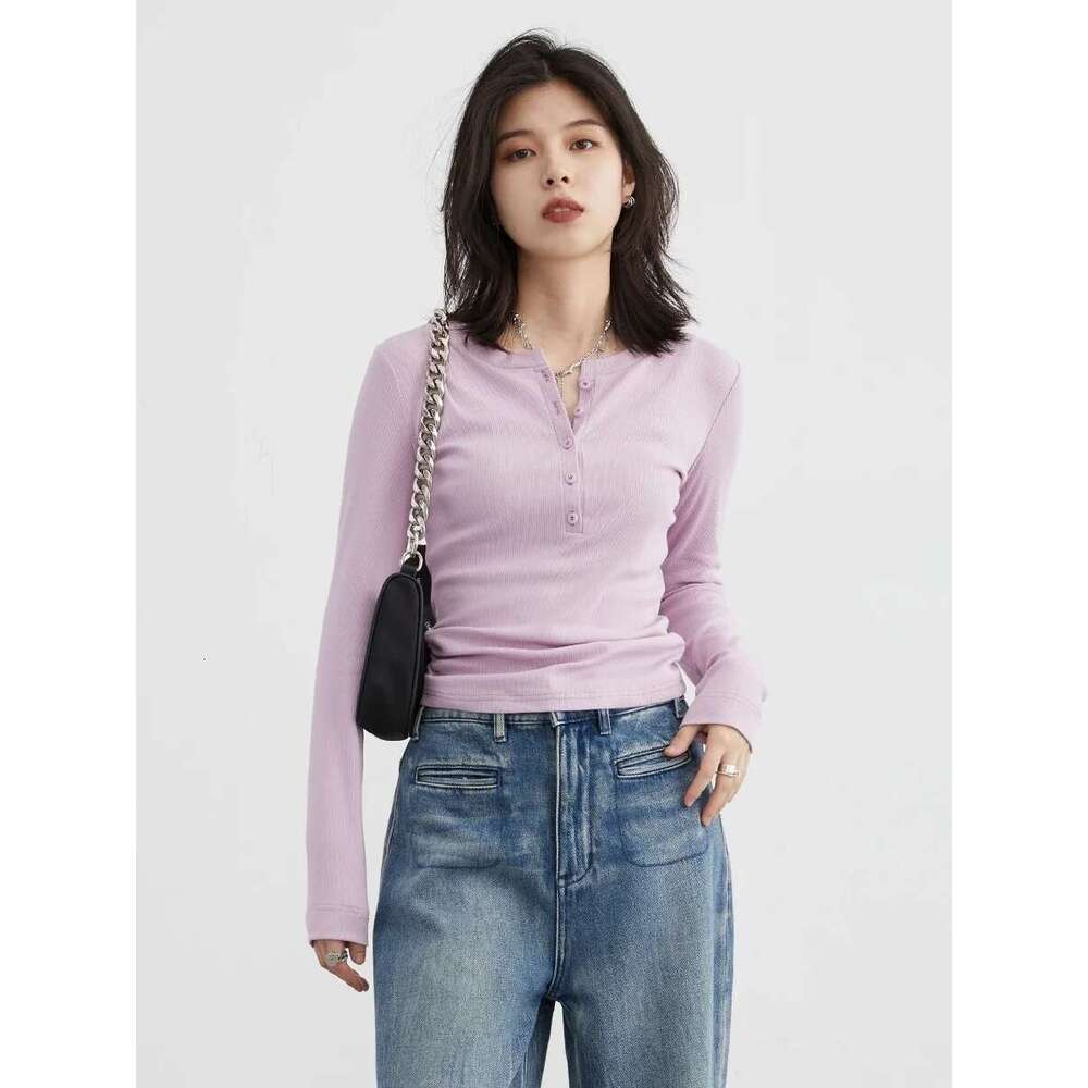 CHIC VEN Women T-Shirts Solid New Half Open Neck Button Long Sleeved Tees Bottom Top Female Clothing Spring Autumn 2023