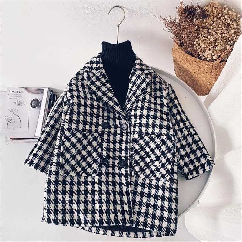 Baby boys and girls wool plain jacket long double-layer warm childrens collar coarse woolen coat cotton pad baby coat 1-10Y W241023