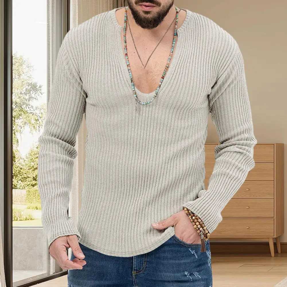 Men Long Sleeve Sweater Men Cotton Blend Sweater Mens Deep V Neck Knit Sweater with Ribbed Long Sleeves Slim Fit Solid for Fall LX241024
