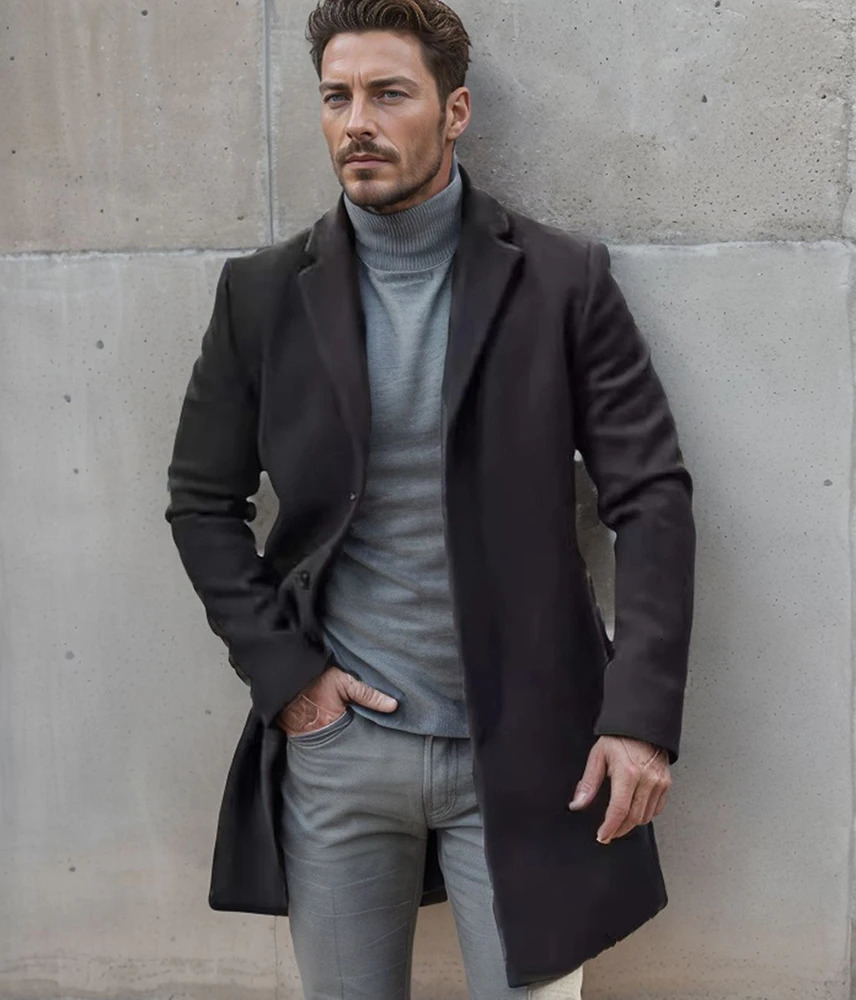 Mens wool coat crossover fabric medium length multi color multi size windproof jacket 241024