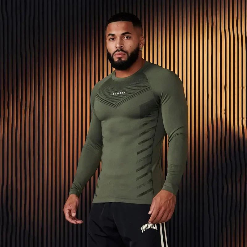 Young American Spring and Autumn men Long Sleeve T-shirt Gym Fitness Fast Drying Breathable Elastic Bottom Shirt 241024