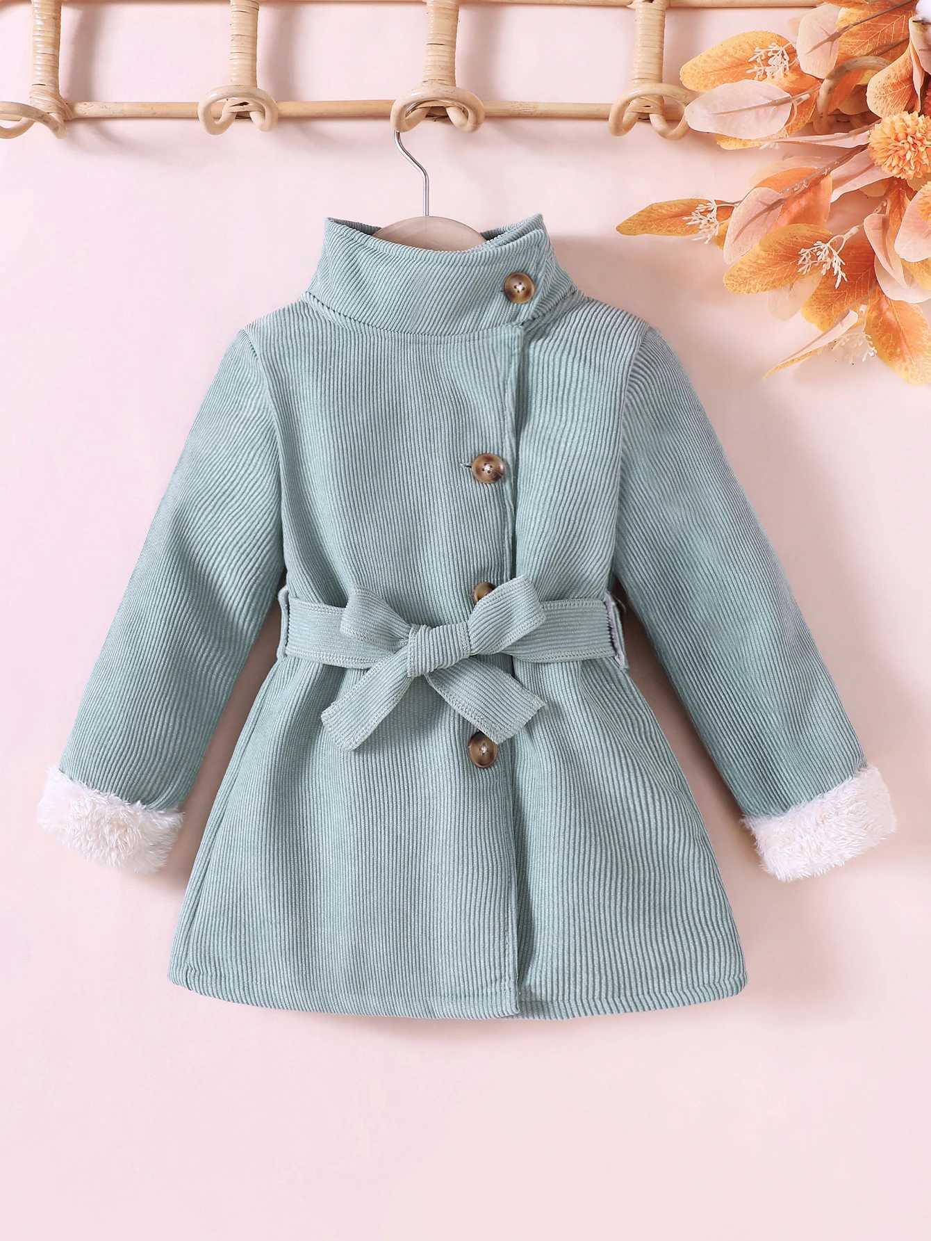 New Sled Girl Autumn Solid Color Medium High Collar Plush Sleeve Trench Coat Suitable for Small and Medium sized Children W241023