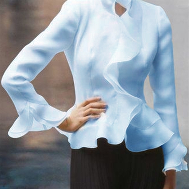 Stylish Asymmetrical Tops Womens Spring Autumn Blouse Elegant Ruffles Blusas Female Stand Collar Long Sleeve Shirts Oversized 241019