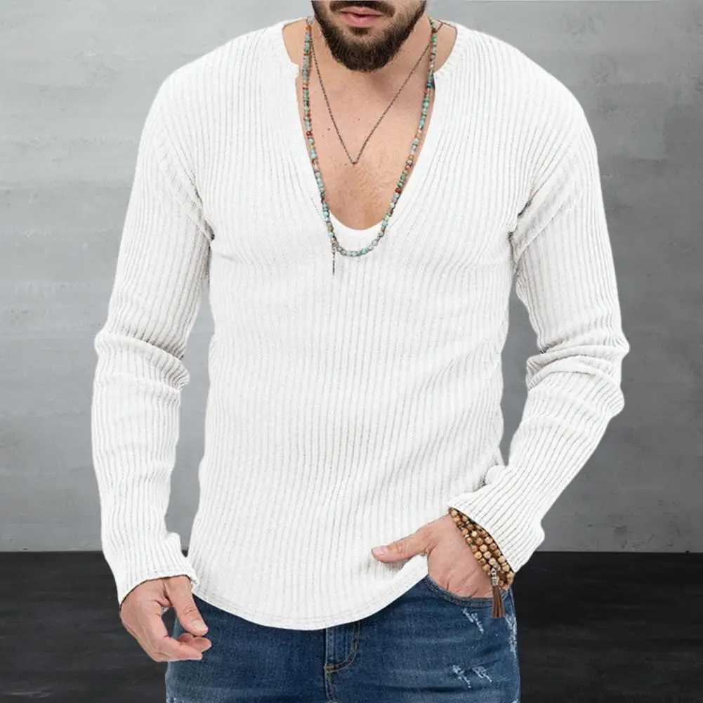 Men Long Sleeve Sweater Men Cotton Blend Sweater Mens Deep V Neck Knit Sweater with Ribbed Long Sleeves Slim Fit Solid for Fall LX241024