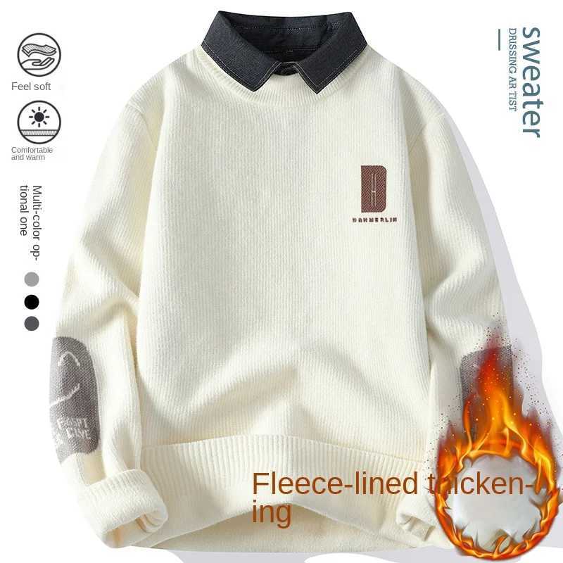 Ferret Velvet Hipster NASA Fake Two Shirt Neck Sweater Knit Sweater Men Extra Thick Fleece Casual Daily Handsome Fashion Sweater LX241024