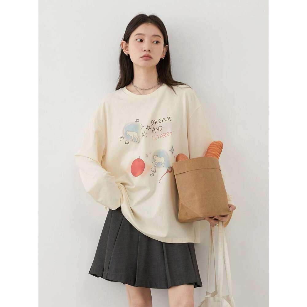 CHIC VEN Women T-Shirts Loose Long Sleeve Cartoon Design Round Neck Lamb Print Female Tees Woman Top Spring Autumn 2024