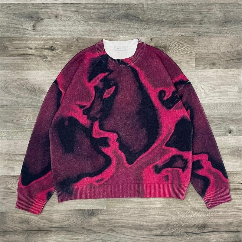 American Street Figure Geometric Printing Loose Harajuku Couple Knitted Sweater Y2k Retro Rose Red Casual Pullover 240930